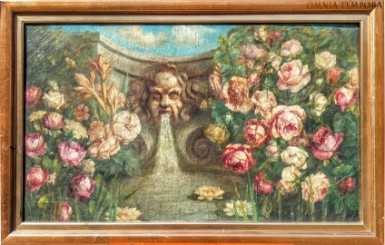 Quadro Prima meta' 800 - olio su tela - titolo 'fontana con fiori' - misura cm 55x93