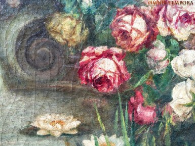 Quadro Prima meta' 800 - olio su tela - titolo 'fontana con fiori' - misura cm 55x93