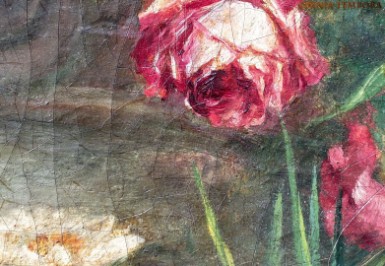 Quadro Prima meta' 800 - olio su tela - titolo 'fontana con fiori' - misura cm 55x93