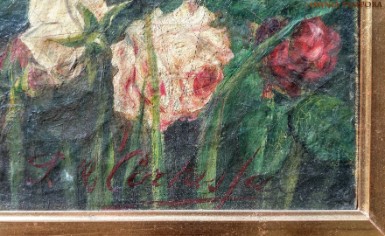 Quadro Prima meta' 800 - olio su tela - titolo 'fontana con fiori' - misura cm 55x93